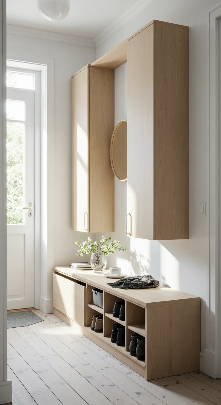 Un banco de madera clara con cubículos para zapatos en un recibidor luminoso y minimalista.