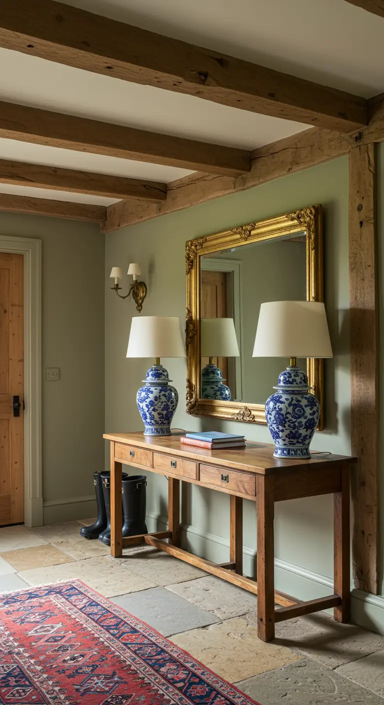 Recibidor rústico con vigas de madera, pared verde y espejo dorado.