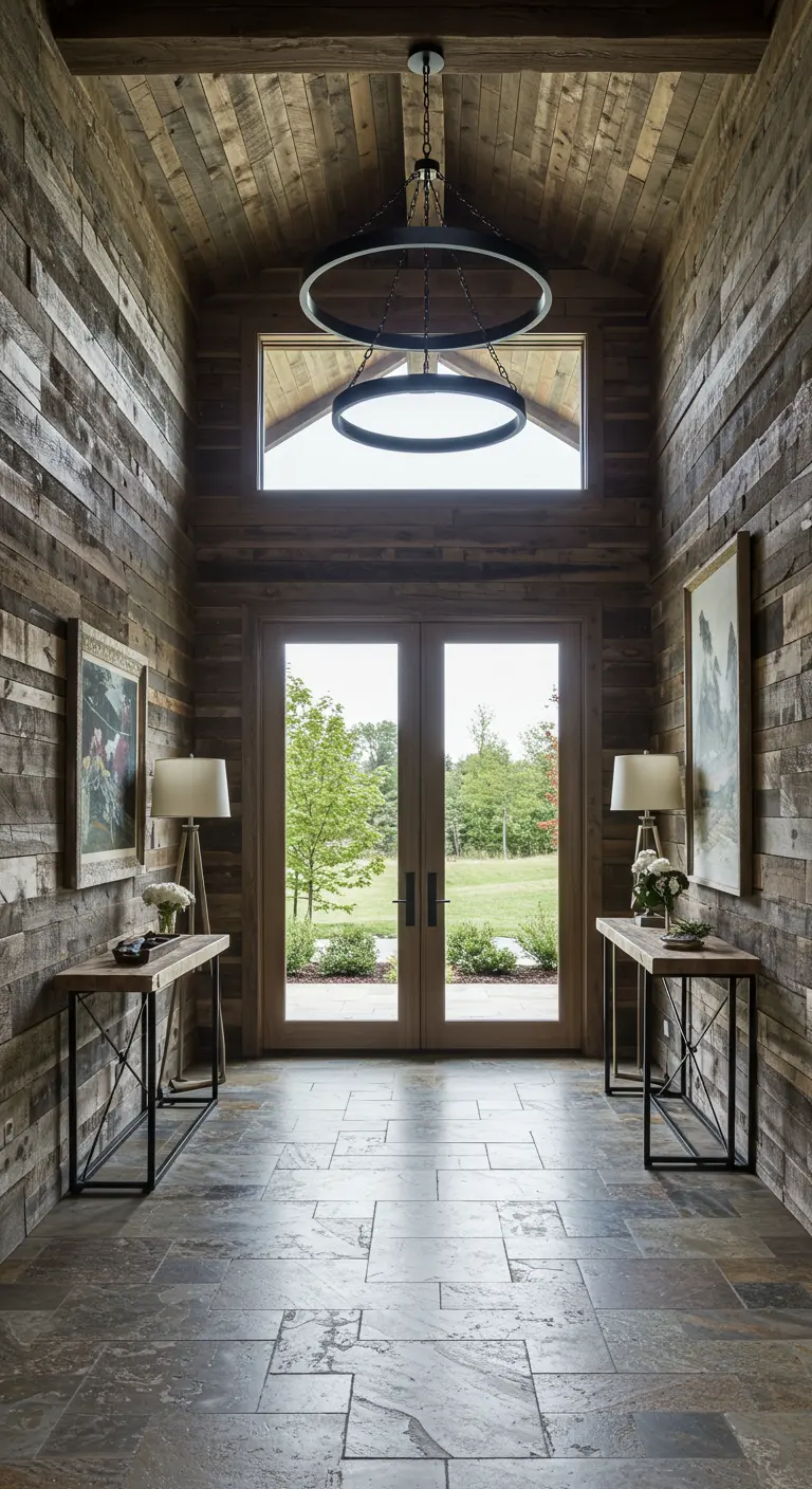 Recibidor rústico con paredes y techo de madera recuperada y lámparas industriales