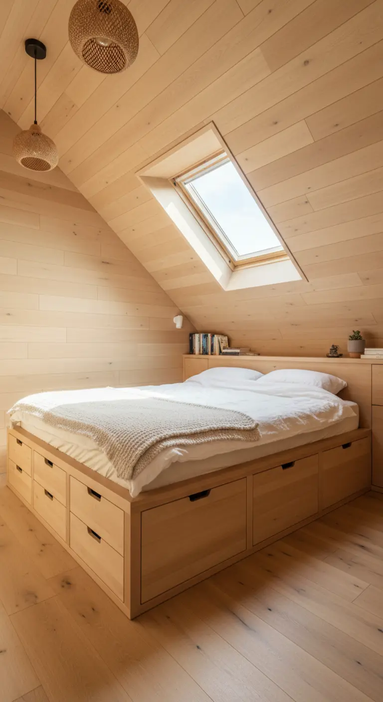 Cama de madera clara hecha a medida en un ático, con múltiples cajones de almacenamiento.