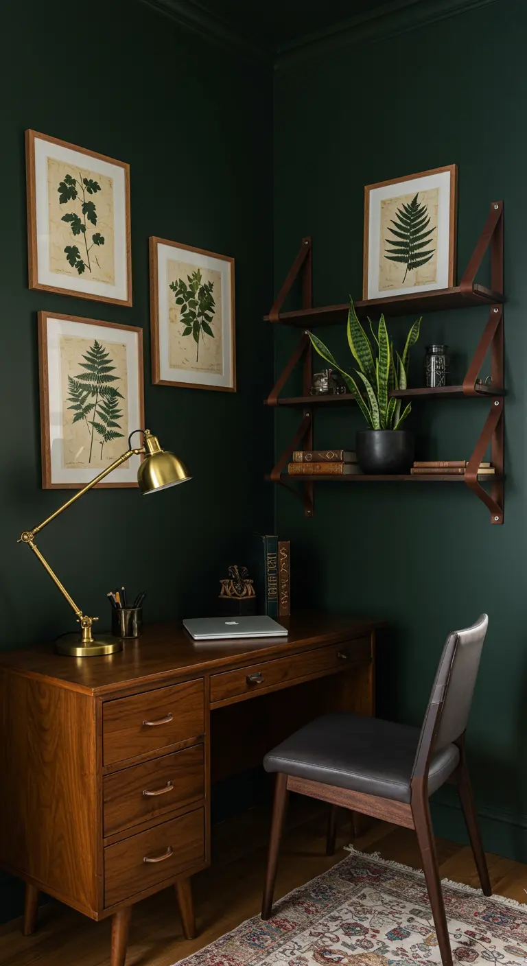 Oficina oscura y elegante con paredes verdes, escritorio vintage y láminas botánicas.