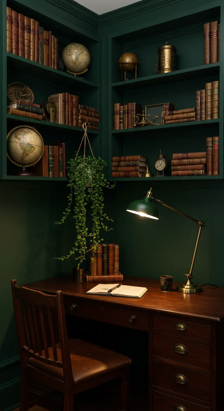 Oficina oscura y académica con estanterías y paredes verdes, libros antiguos y lámpara de latón.