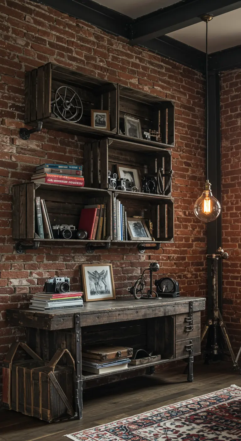 Estanterías de cajas de madera oscura sobre una pared de ladrillo en un estudio de estilo industrial.