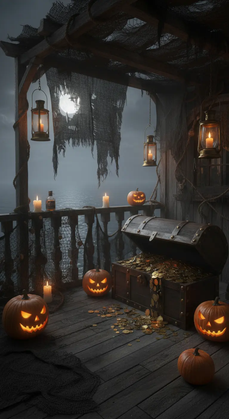 Balcón decorado como un barco pirata con un cofre del tesoro y calabazas talladas.