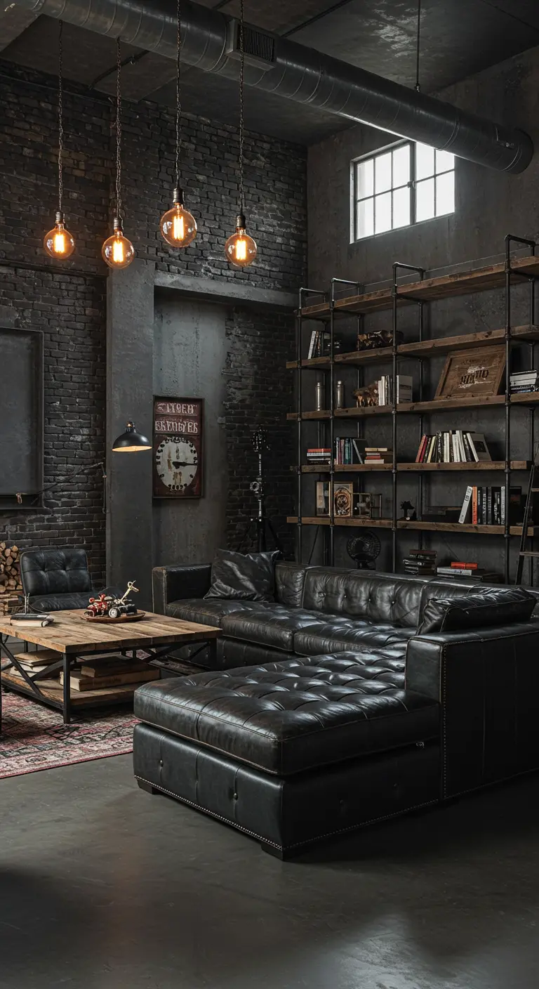 Sala de estilo industrial con paredes de ladrillo oscuro y un gran sofá de cuero negro.