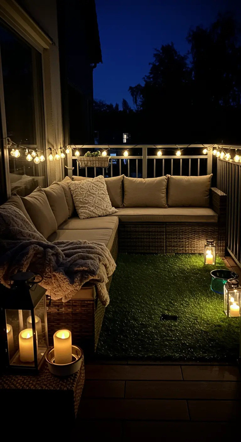 Balcón de noche con un gran sofá, mantas, guirnaldas de luces y farolillos con velas
