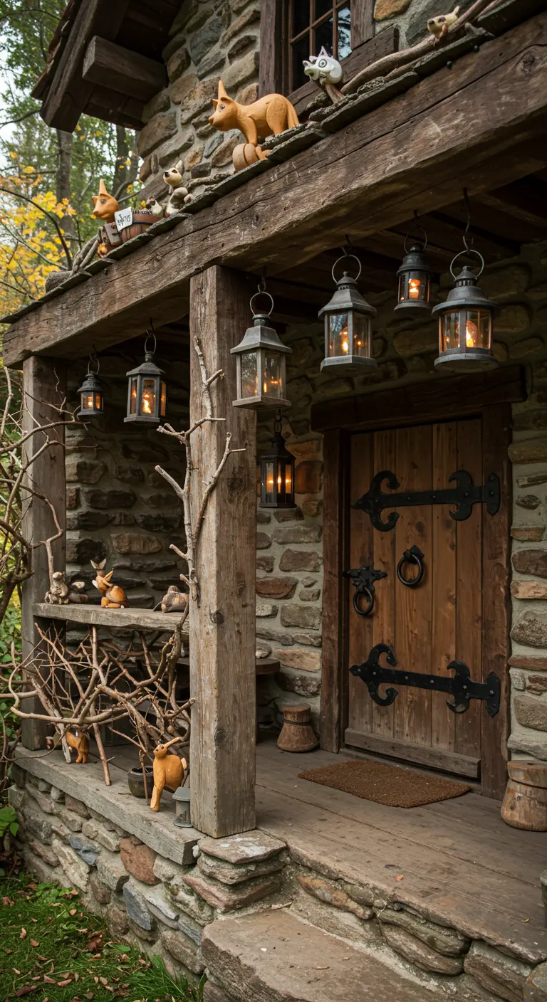 Porche rústico de piedra y madera decorado con faroles colgantes, ramas y figuras de animales de madera.