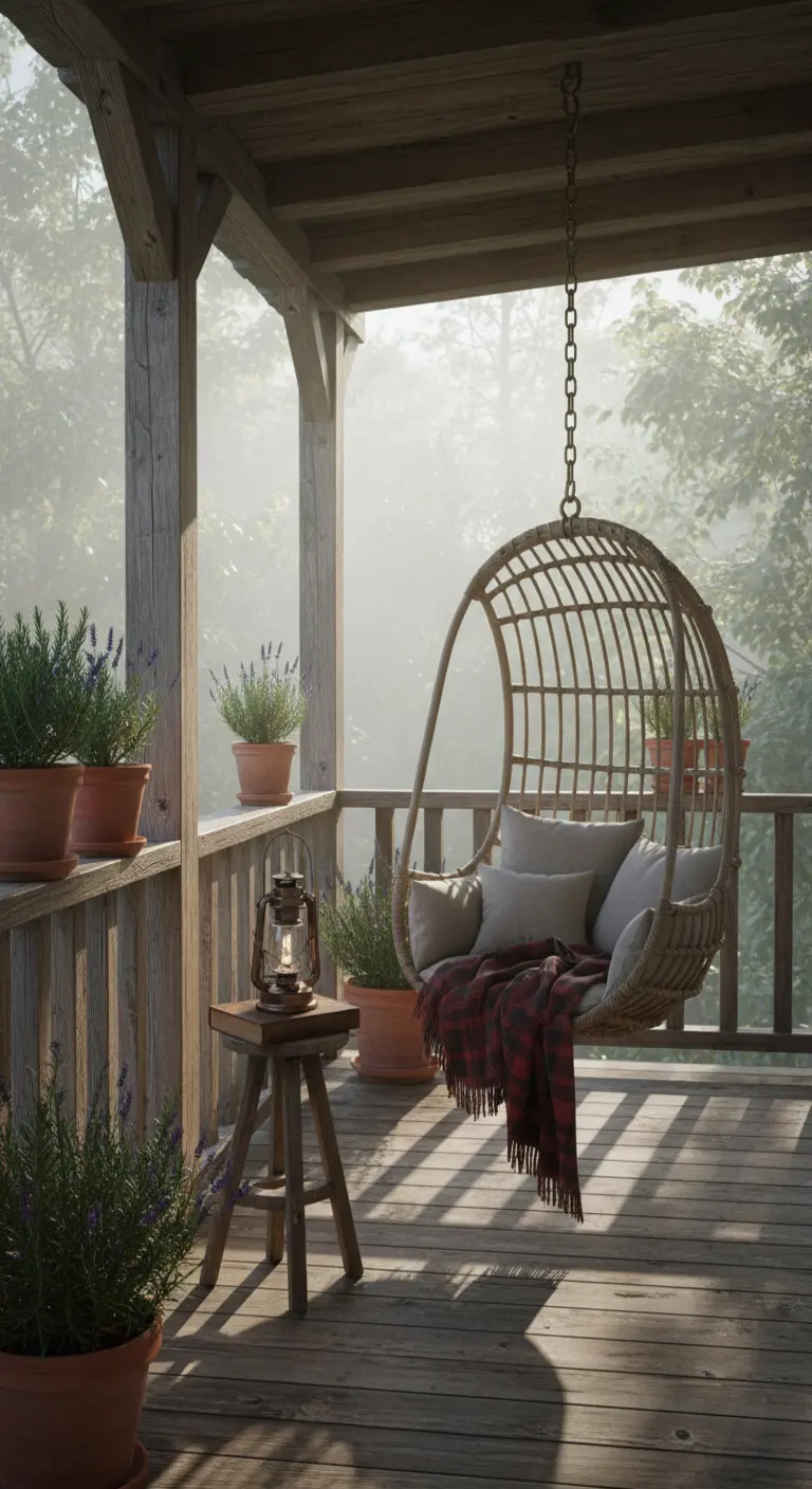 Sillón de mimbre colgando en un porche de madera rústico, rodeado de lavanda y con una manta de cuadros