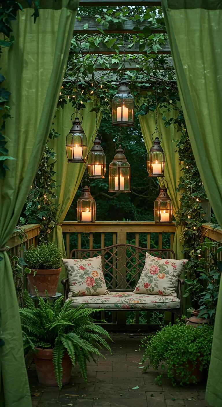Porche verde y frondoso con cortinas, un banco de hierro y faroles colgantes con velas.