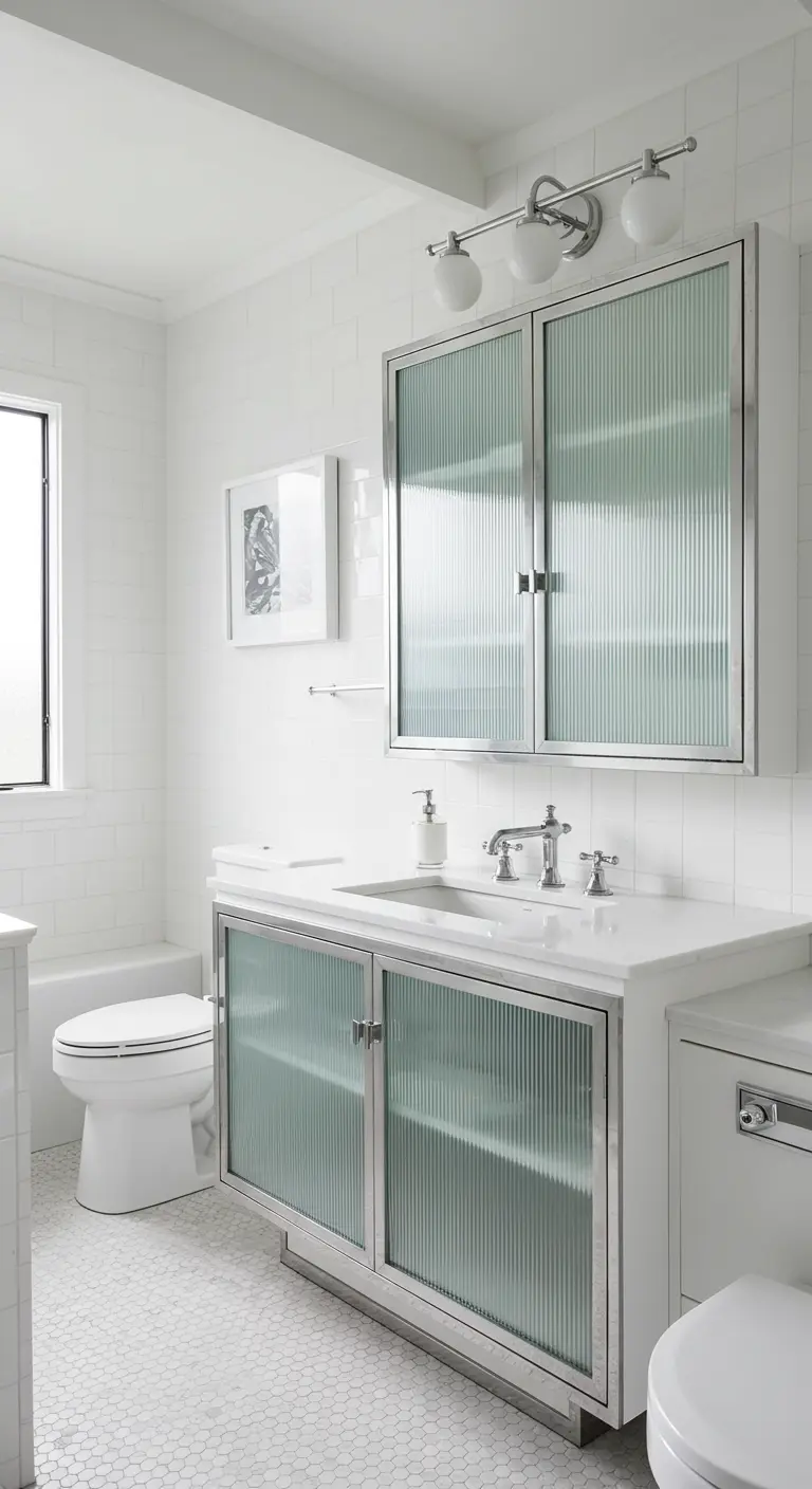 Mueble de baño blanco con puertas de cristal estriado y perfiles cromados de estilo vintage.