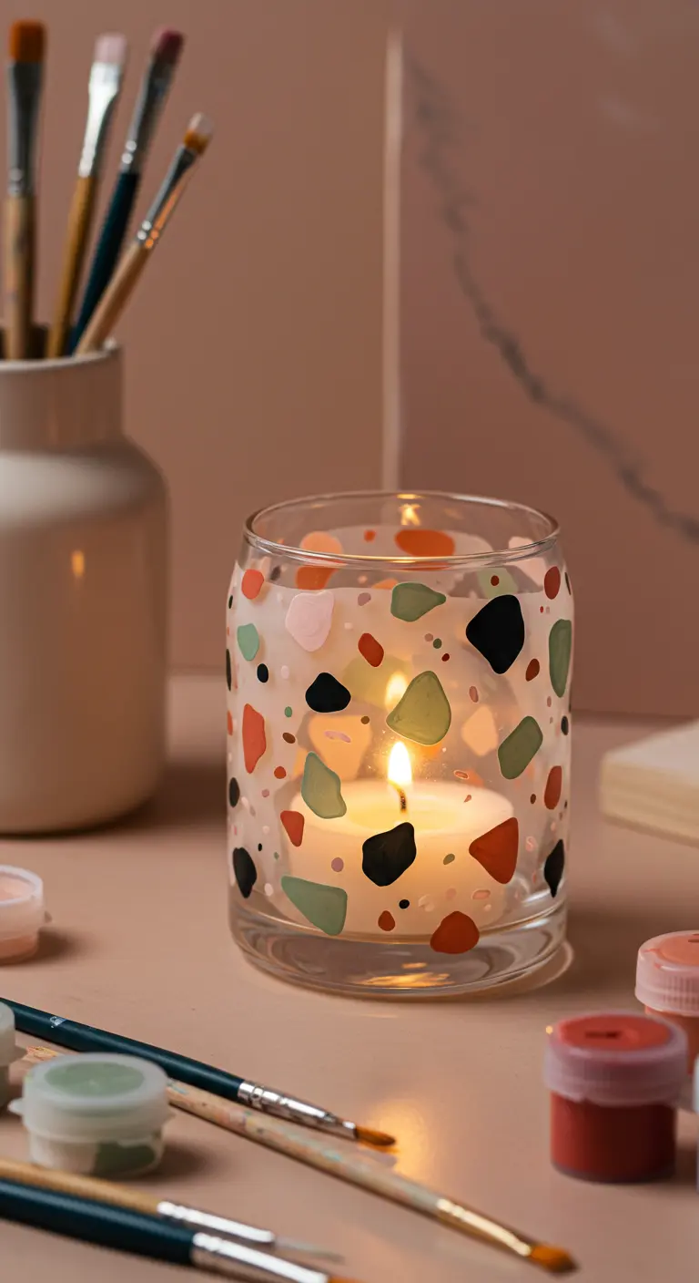 Vaso de cristal pintado con un patrón de terrazo en tonos tierra, rosa y negro.