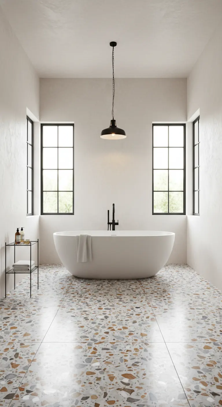 Baño amplio con suelo de terrazzo, paredes blancas y bañera exenta.