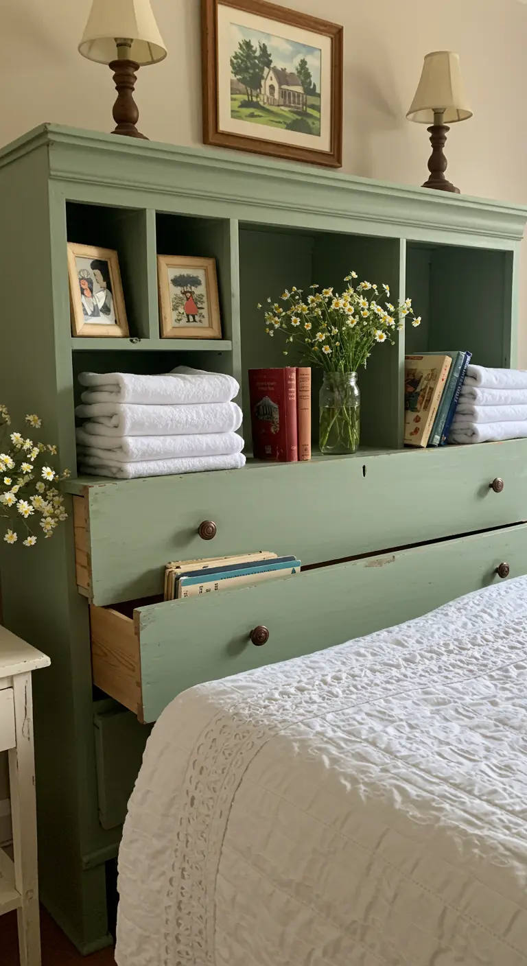 Alacena vintage de color verde salvia utilizada como cabecero de cama con libros y flores