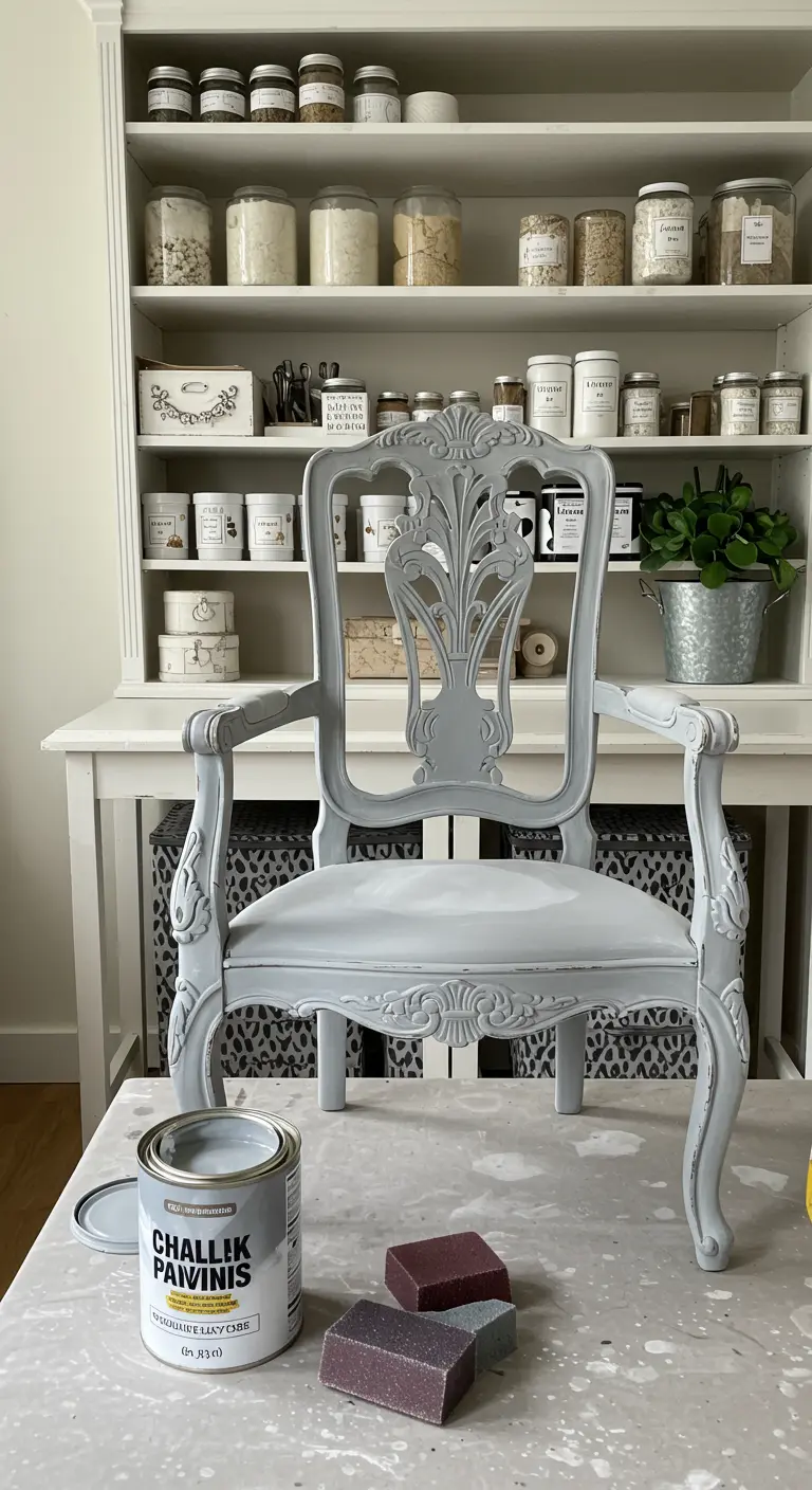 Silla vintage de madera tallada pintada con chalk paint gris claro para un acabado mate.