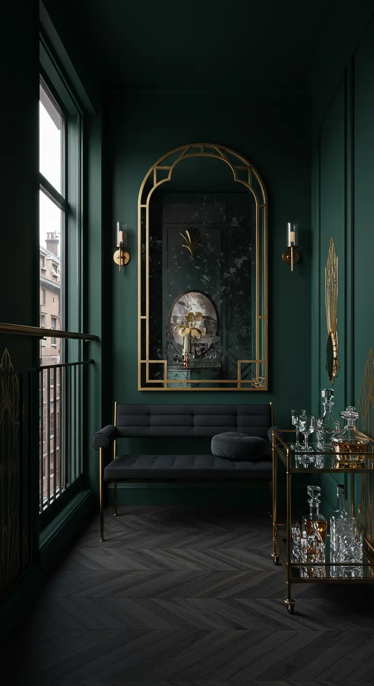 Balcón elegante con paredes verde oscuro, un espejo de arco dorado y un carrito de bar.