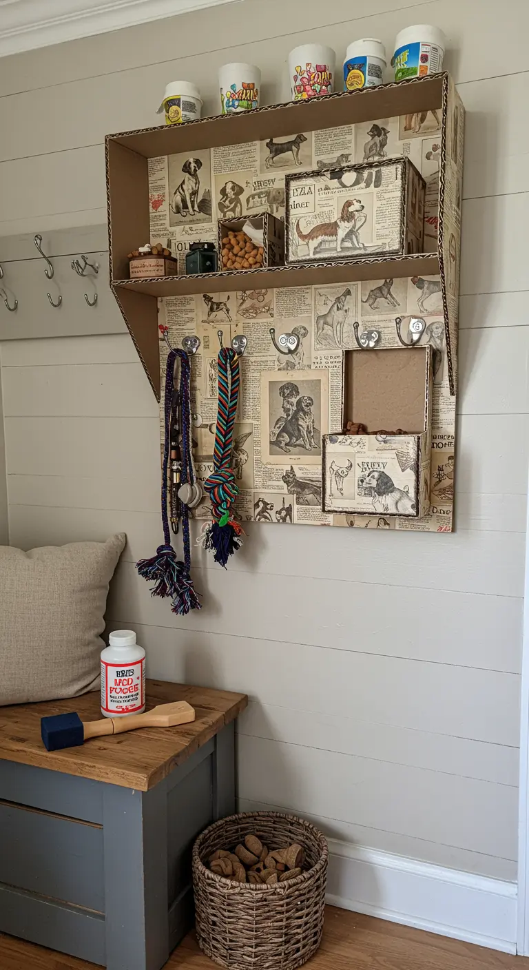 Organizador de pared de cartón con papel de perros y ganchos para correas de mascotas.