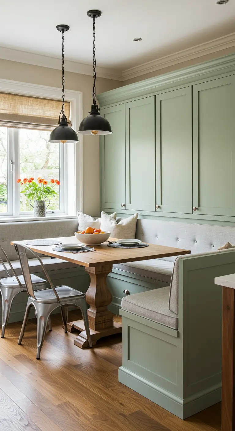 Banqueta esquinera de color verde salvia con almacenamiento oculto en un comedor de estilo farmhouse.