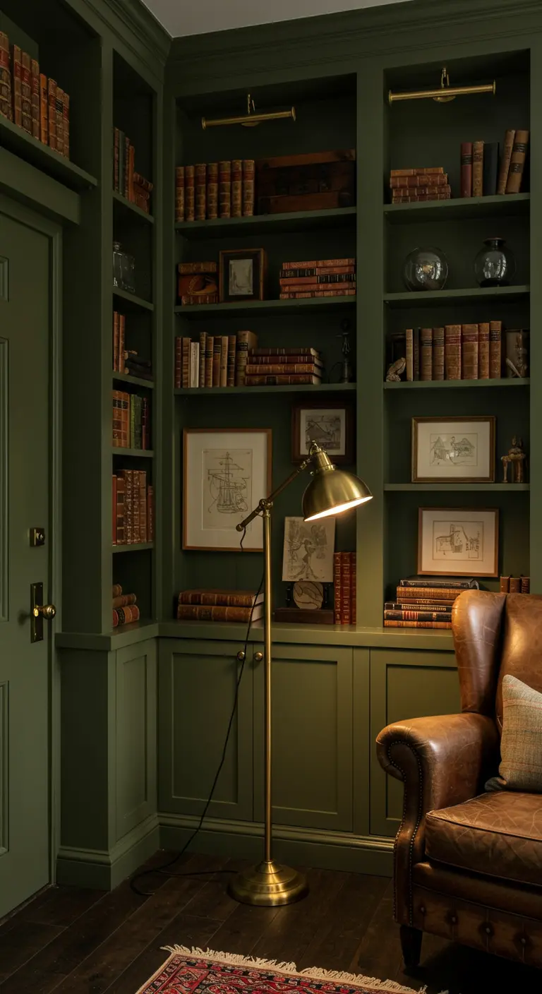 Biblioteca en casa con estanterías verde olivo y lámpara de pie dorada.