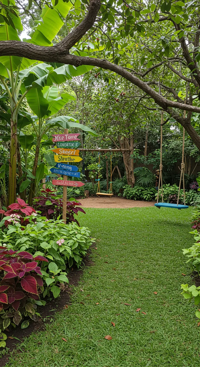 Rincón de jardín con un columpio de madera y un poste con señales de colores apuntando a varios lugares.