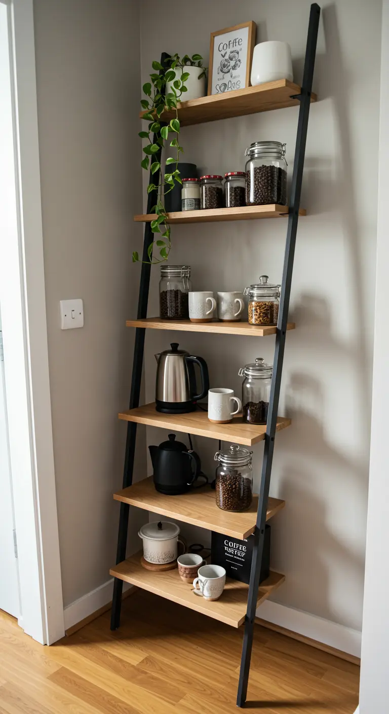 Estantería de madera tipo escalera en un rincón, organizada como una estación de café.