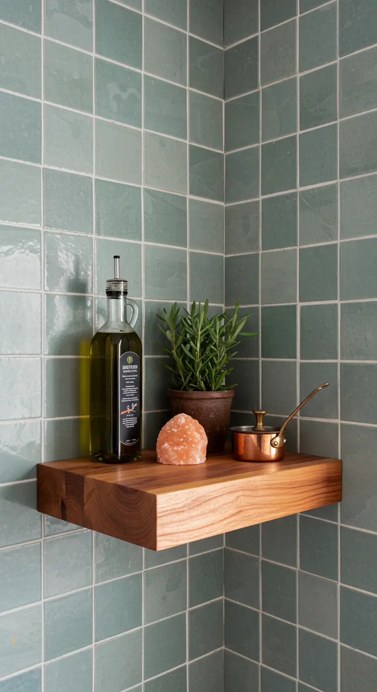 Un único y grueso estante flotante de madera de nogal con aceite de oliva y una planta sobre azulejos verdes