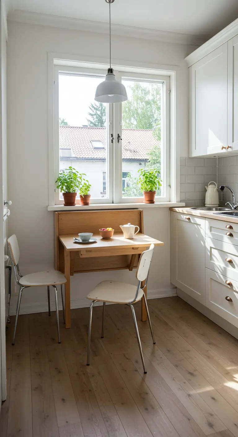 Mesa plegable de madera clara bajo una ventana soleada en una cocina blanca y luminosa.