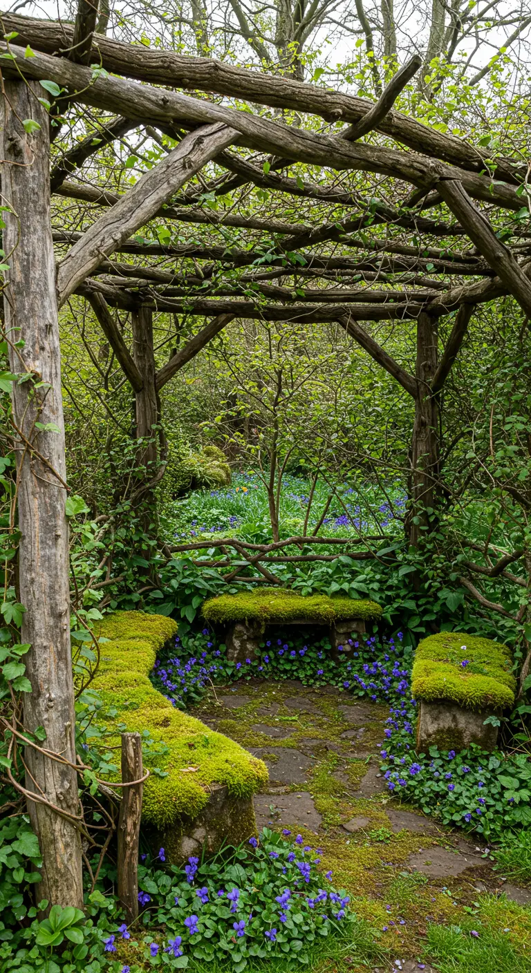 Pérgola rústica de troncos con bancos de piedra cubiertos de musgo y flores silvestres.