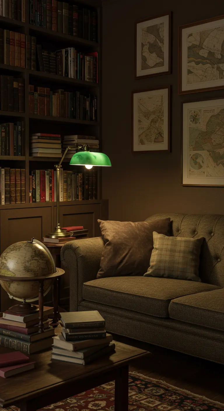 Acogedora sala de estudio con paredes marrones, sofá de tweed y mapas antiguos enmarcados.