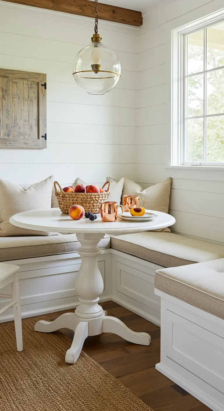 Rincón de desayuno con cesta de mimbre llena de melocotones y tazas de cobre.