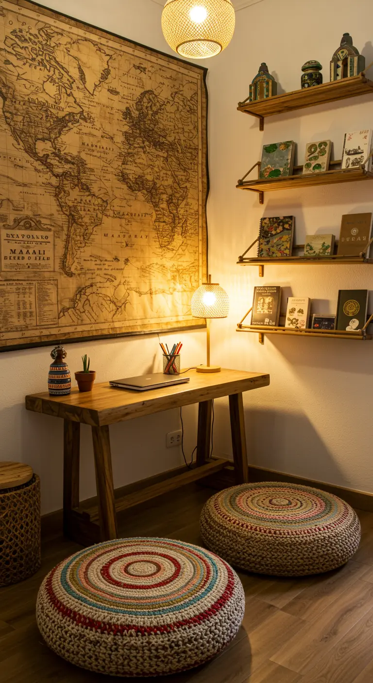 Rincón de estudio con un gran mapa antiguo en la pared y pufs de crochet en el suelo.