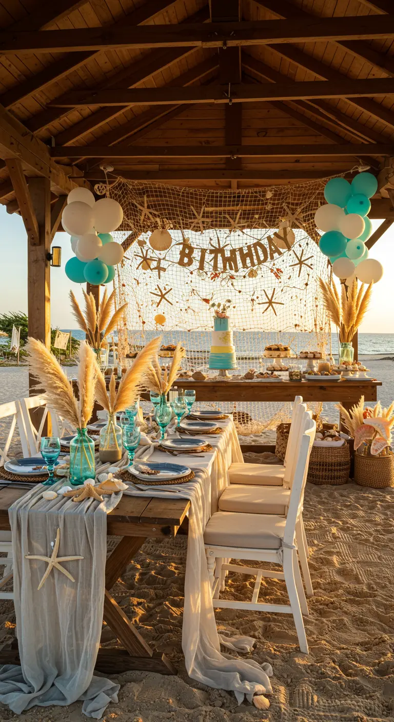 Mesa de postres playera con tarta, globos y una red de pesca decorada.