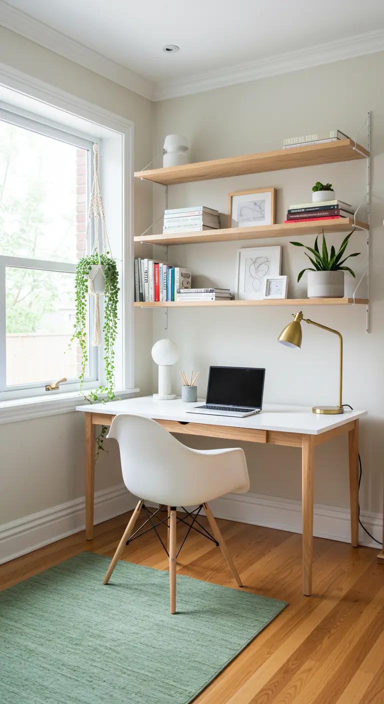 Oficina en casa luminosa con estanterías de madera clara, escritorio blanco y planta colgante.