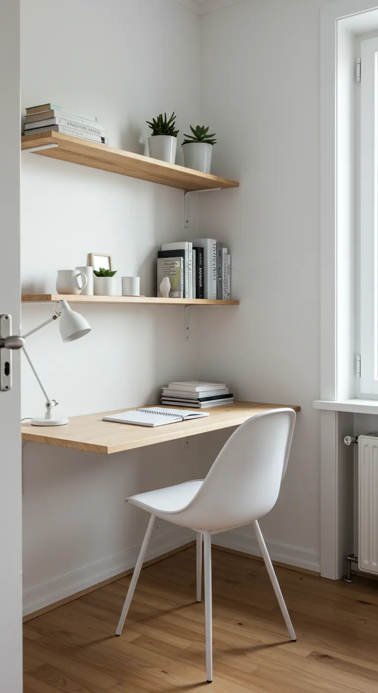 Rincón de trabajo nórdico con escritorio y estantes flotantes de madera clara en una esquina blanca.