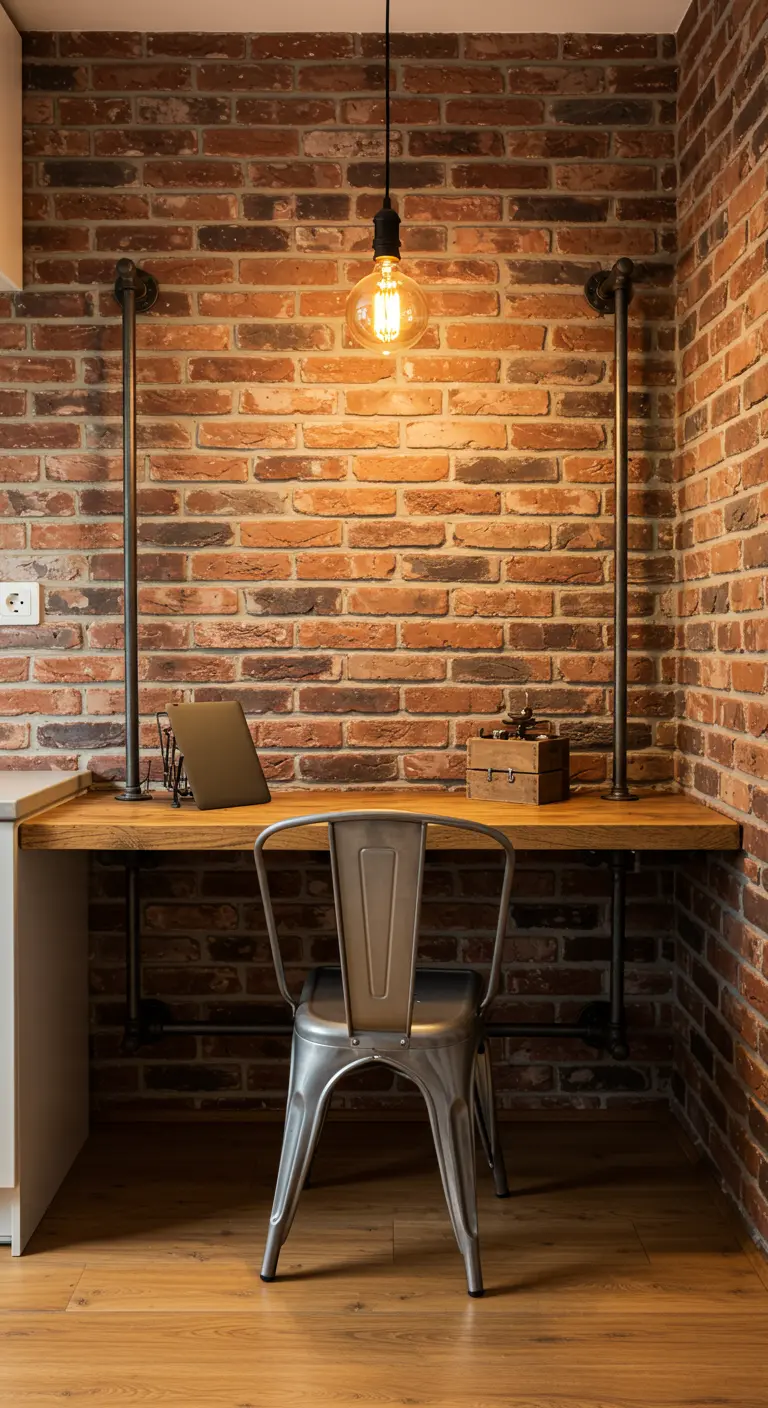 Rincón de trabajo industrial con pared de ladrillo, escritorio de madera y tuberías