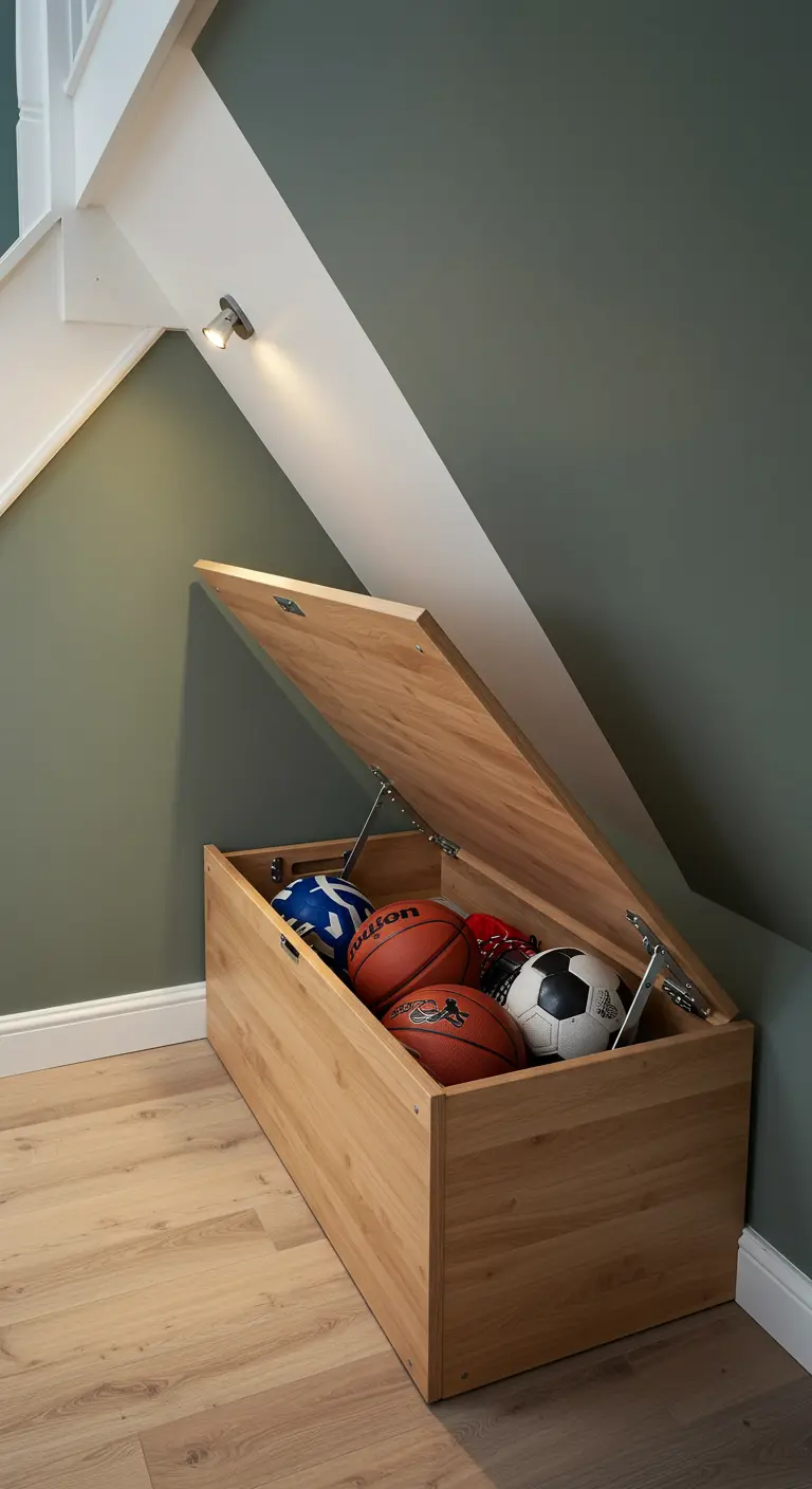 Baúl de madera bajo una escalera, abierto y lleno de balones deportivos.