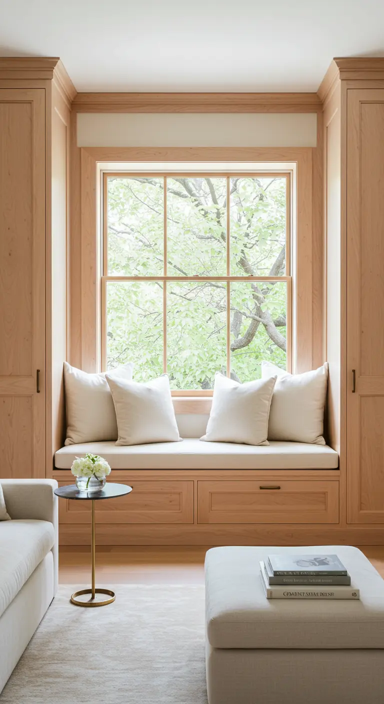 Acogedor rincón de ventana con un banco de madera clara y cojines blancos.