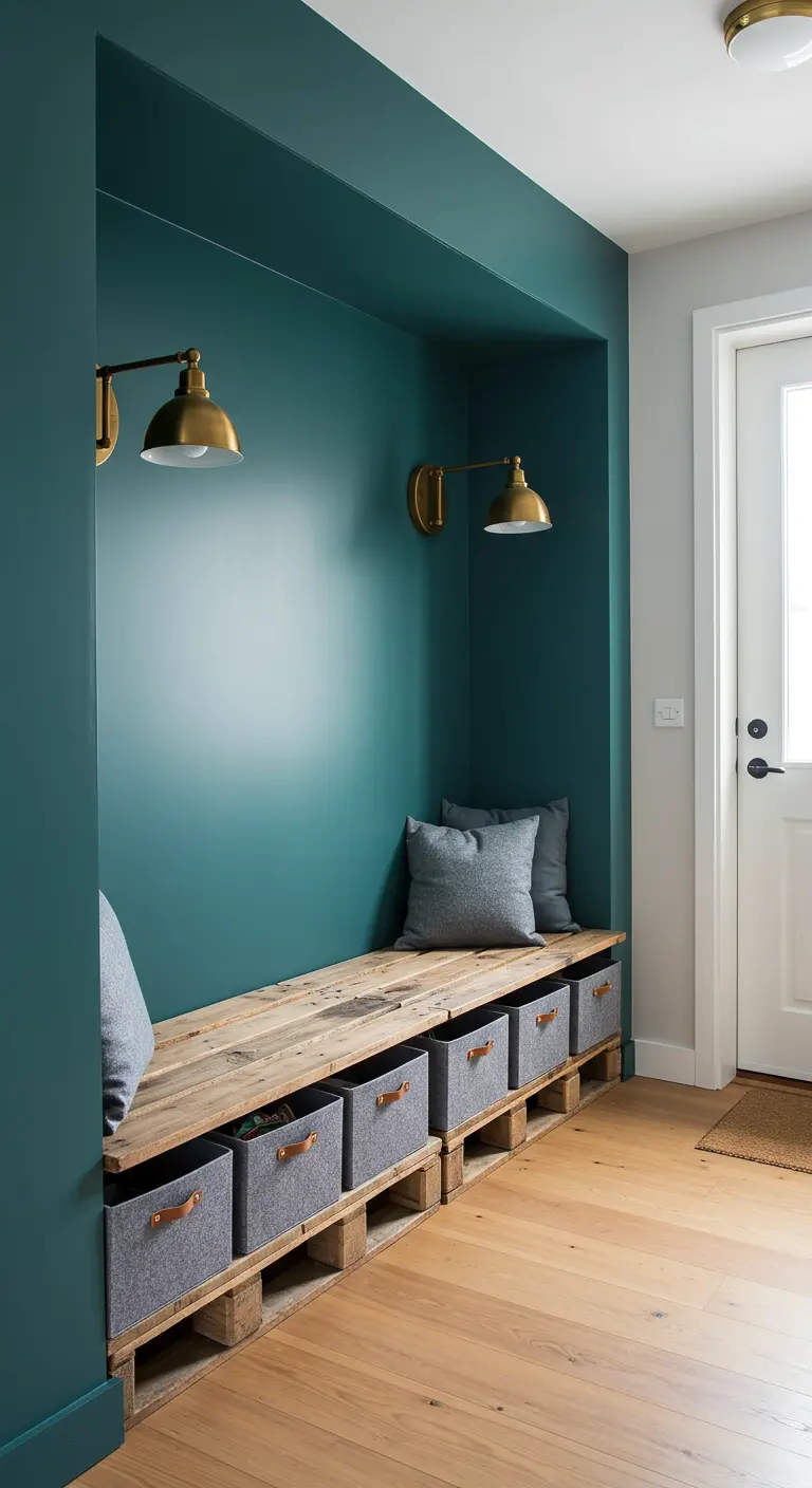 Banco de palets encajado en un nicho de pared pintado de verde azulado oscuro.