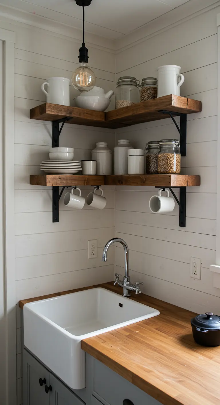 Estanterías de esquina en madera rústica con soportes negros, tazas colgadas y vajilla blanca