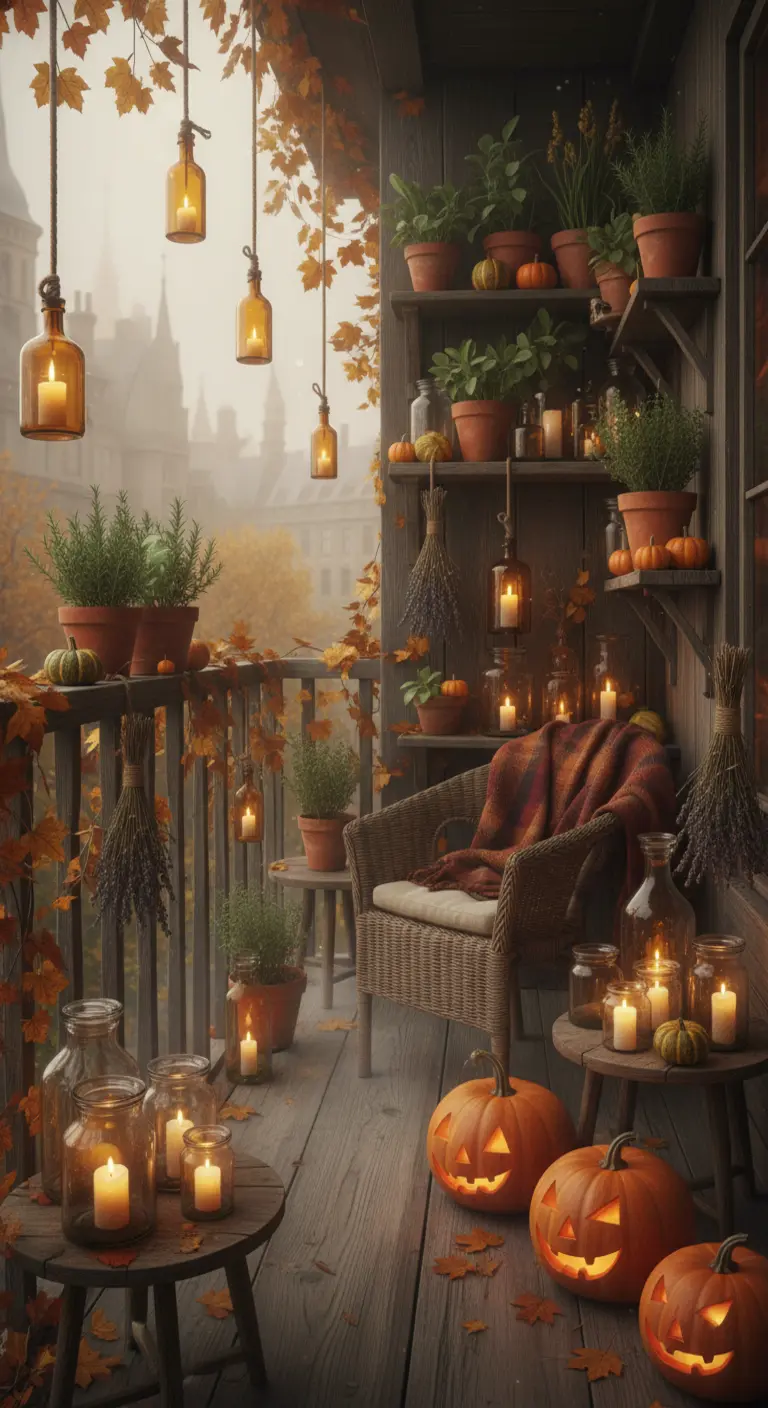 Balcón rústico con calabazas, plantas, hierbas secas y luces en botellas colgantes.