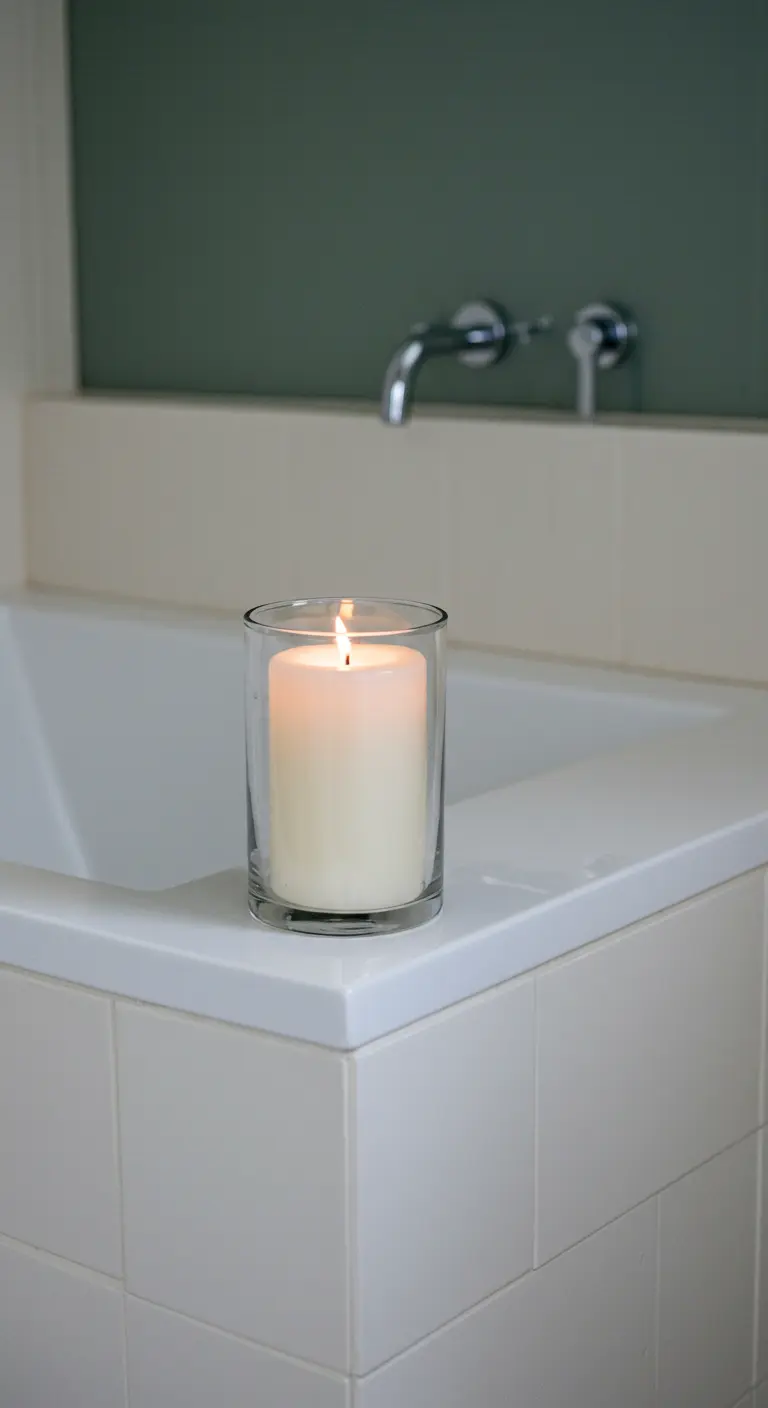 Primer plano de una vela blanca encendida dentro de un vaso de cristal, sobre el borde de una bañera.