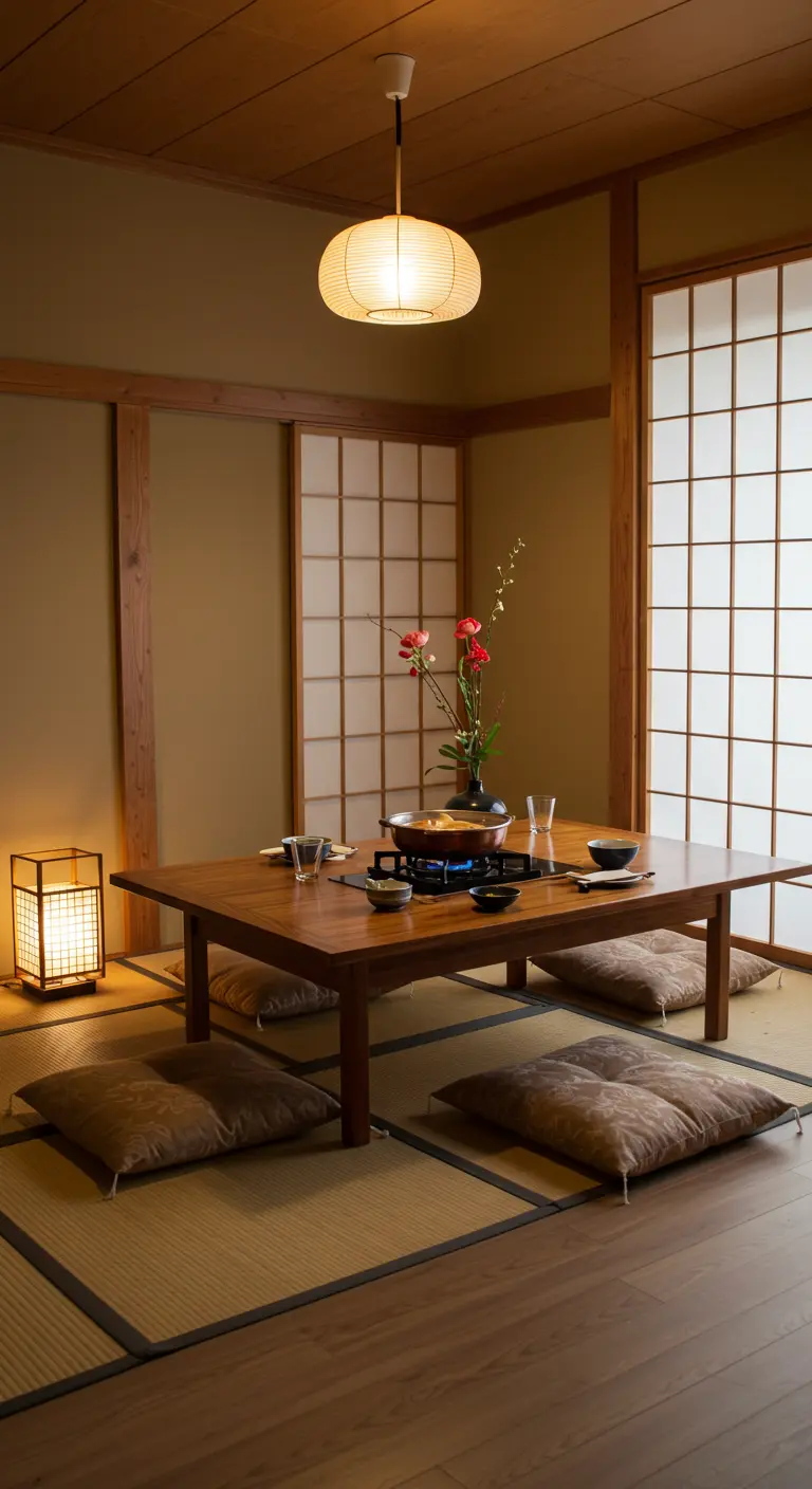 Cena japonesa alrededor de una mesa baja de madera con un hot pot en el centro.