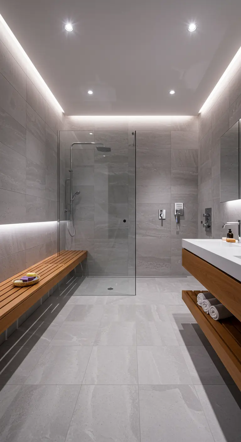 Ducha de obra con baldosas grises, banco de madera de teca e iluminación LED indirecta.