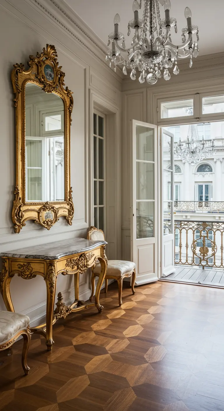 Interior clásico con un gran espejo dorado y consola que da a un balcón.