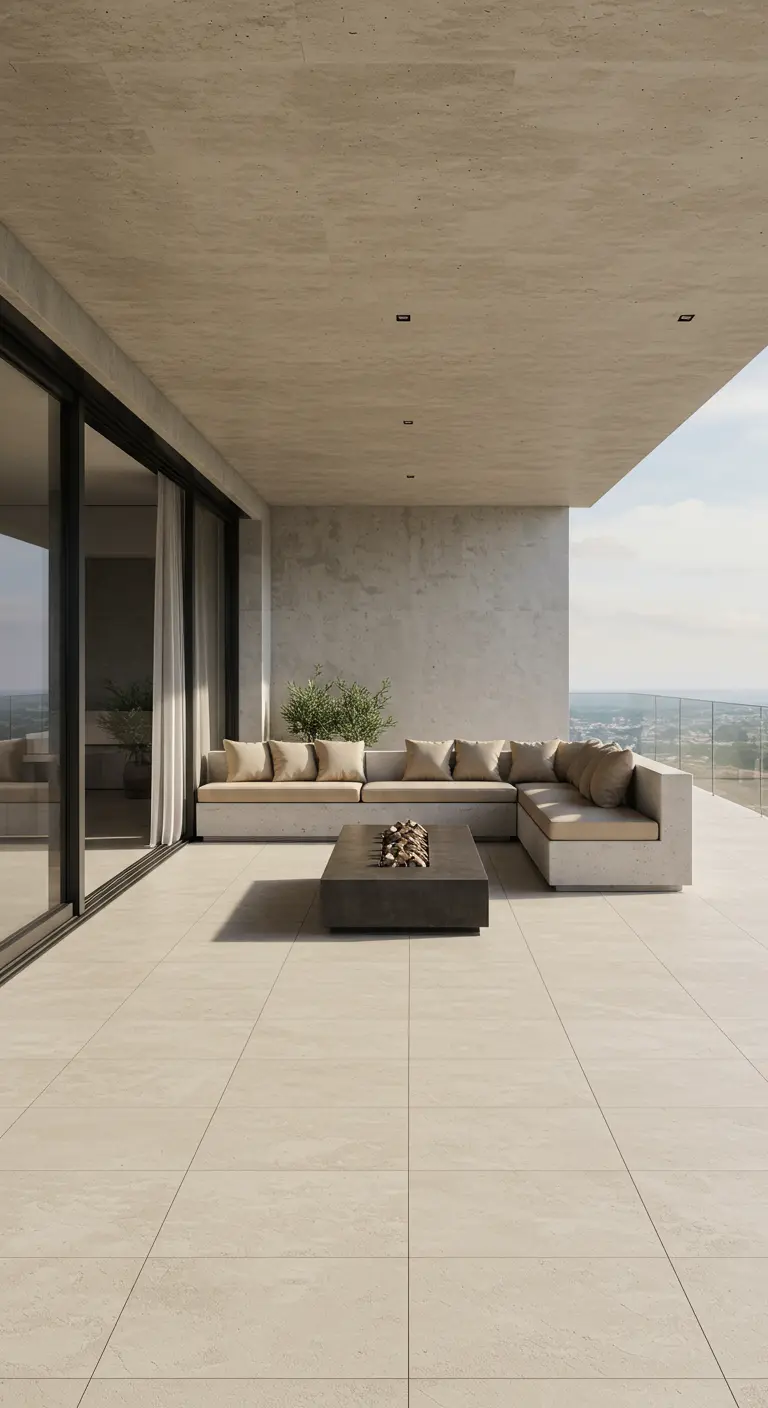 Terraza amplia con un gran sofá de obra en forma de L, cojines beige y una hoguera central