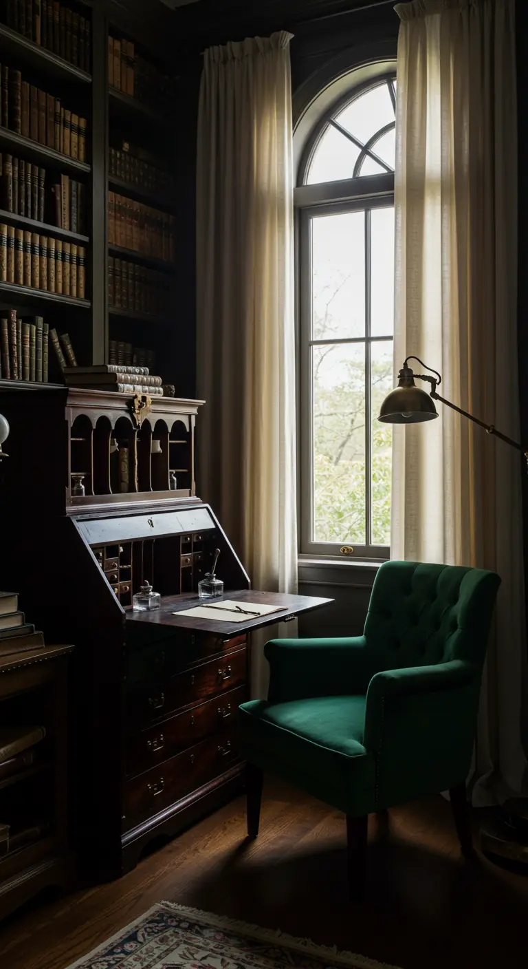Rincón de estudio oscuro y académico con escritorio secreter de madera y sillón de terciopelo.