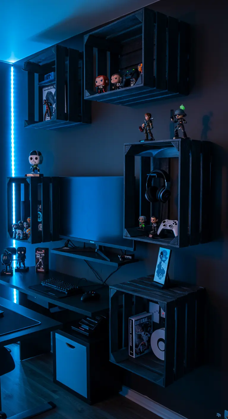 Setup de gaming con estanterías de cajas de madera negras y luces LED azules.