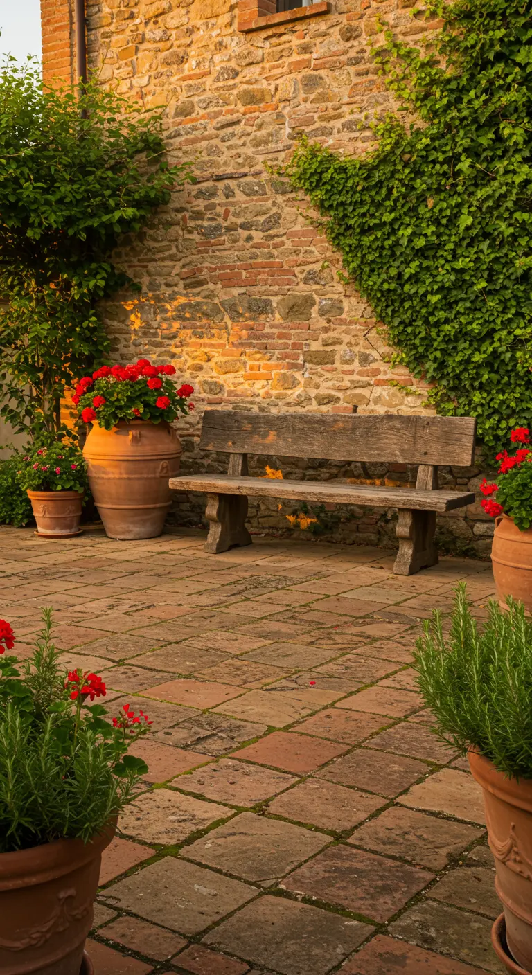 Patio rústico con pared de piedra, banco de madera y macetas de terracota con geranios rojos.
