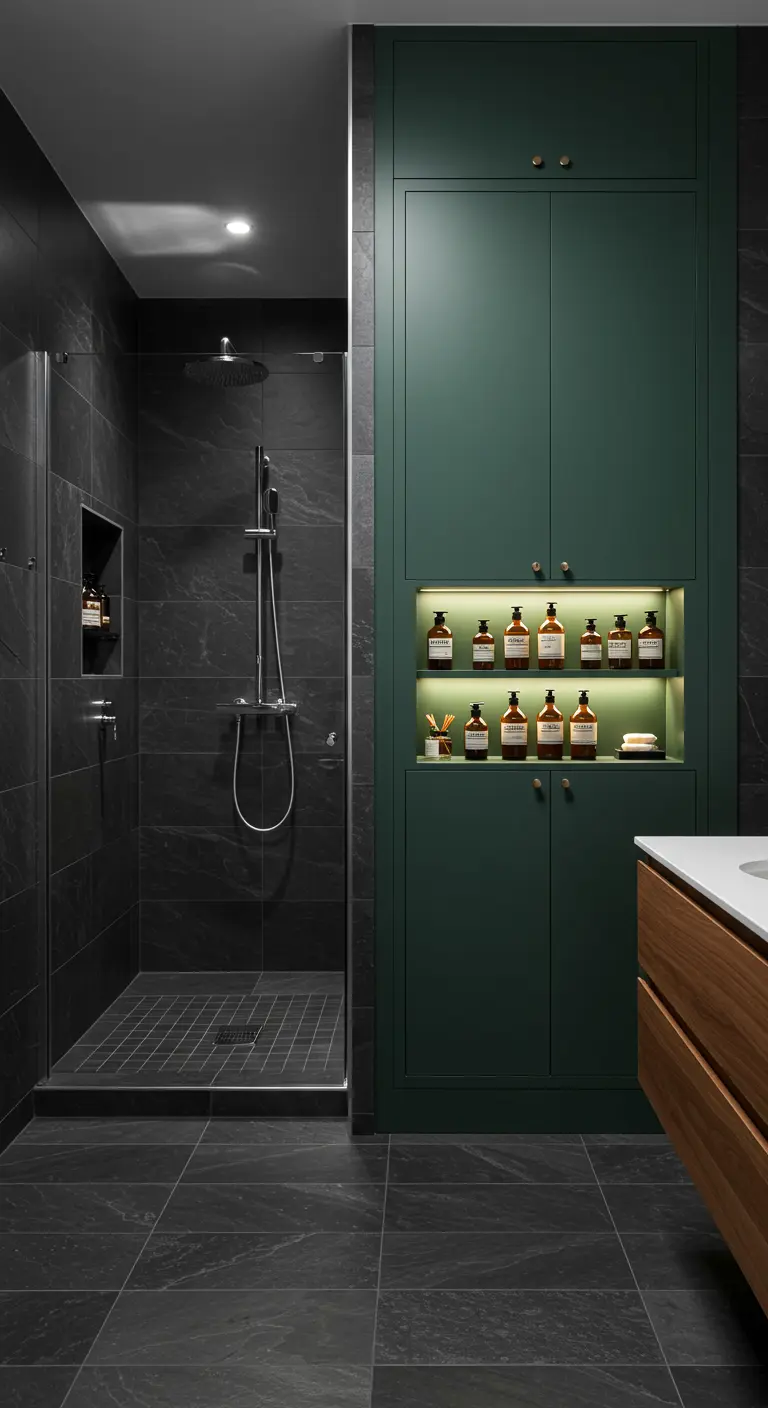 Baño moderno con azulejos de pizarra y armario alto verde con un nicho iluminado.