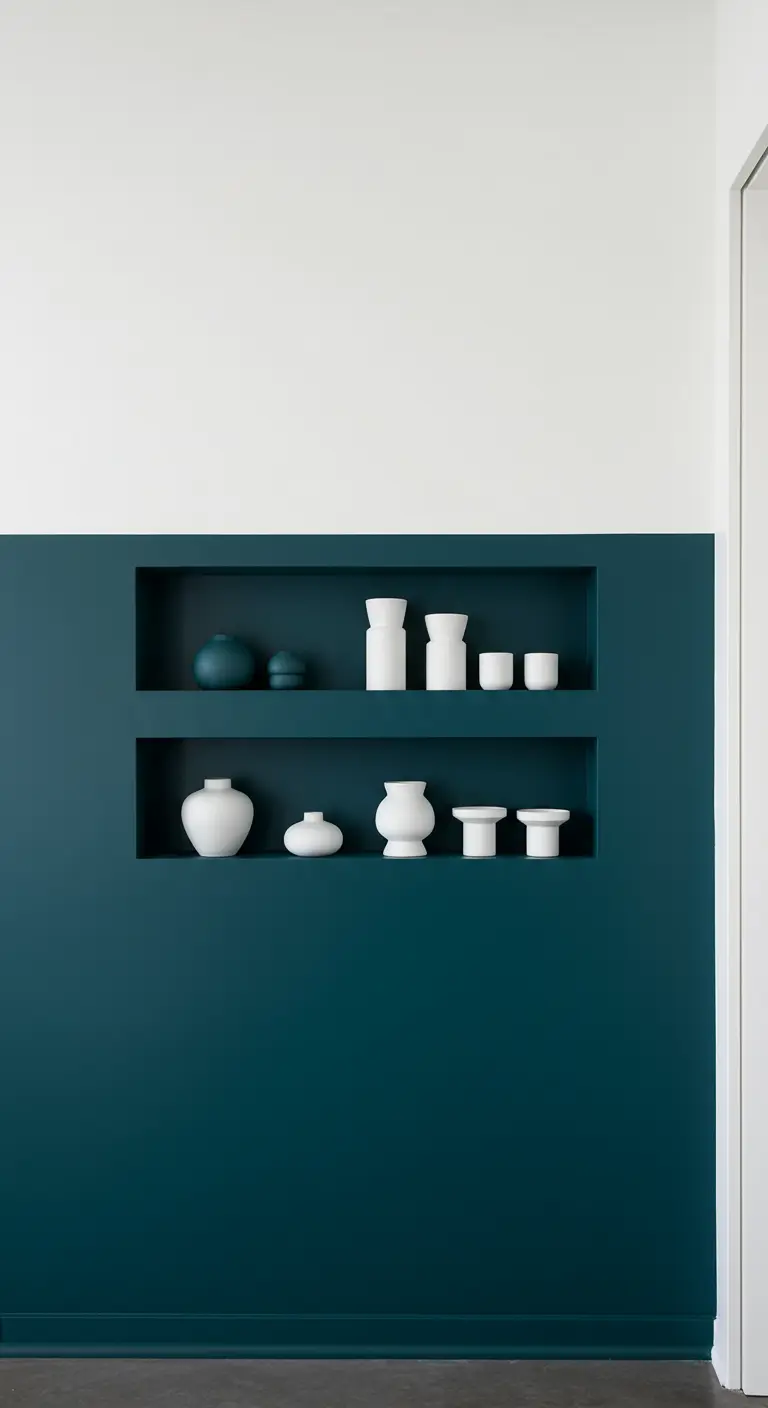 Nichos horizontales empotrados en una pared azul oscuro, con jarrones blancos de cerámica.