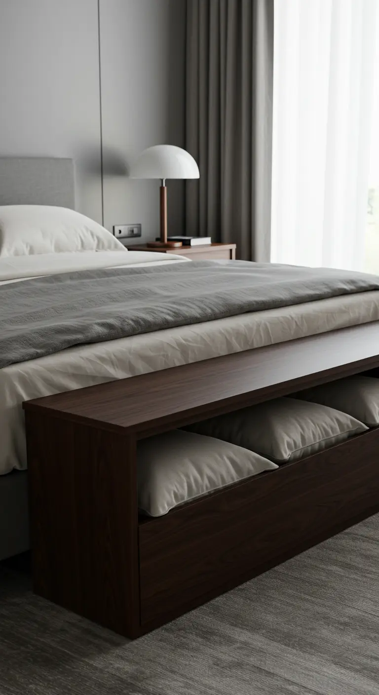 Banco de madera oscura a los pies de una cama con cojines blancos guardados en su interior.